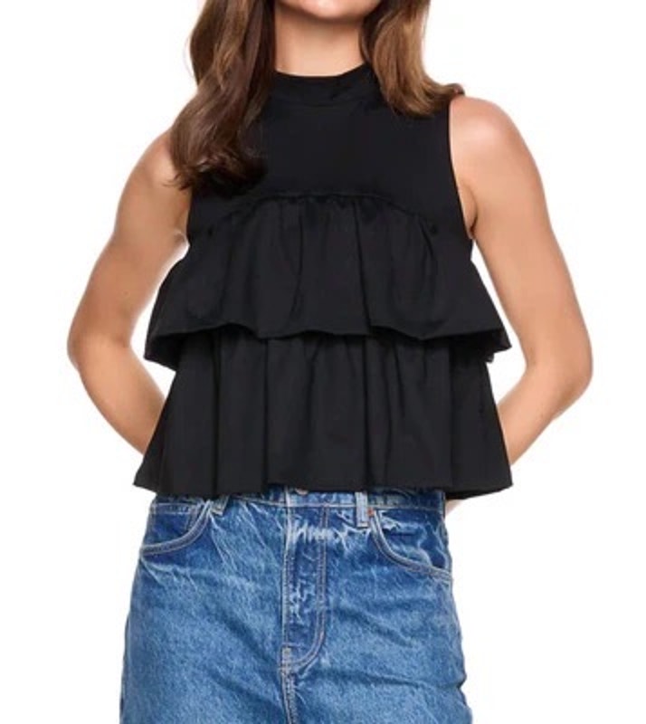 Nwt Susana Monaco Sz S Black Layered Ruffled Peplum High Neck Sleeveless Top
